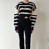 Round Neck Drop Shoulder Stripe Sweater with Gathered Waist and Slit