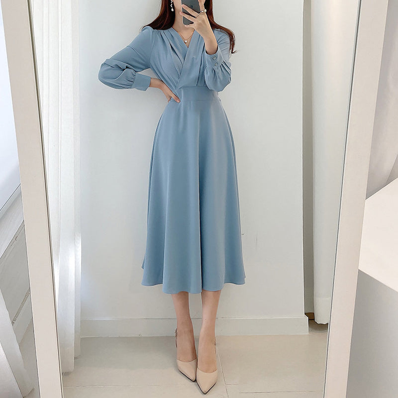 V-Neck Chest Pleated Chiffon Midi Dress