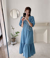 Relaxed V-Neck Button Down Denim Color Cotton Dress