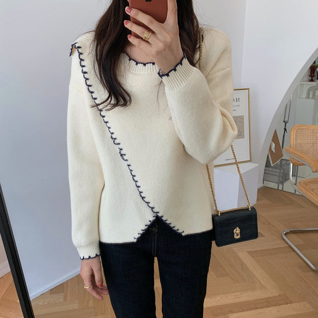 Designer Crew Neck Sweater with Contrasting Stitches