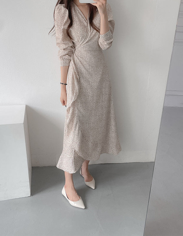 Long Sleeve Floral Wrap Midi Dress with Ruffled Hem