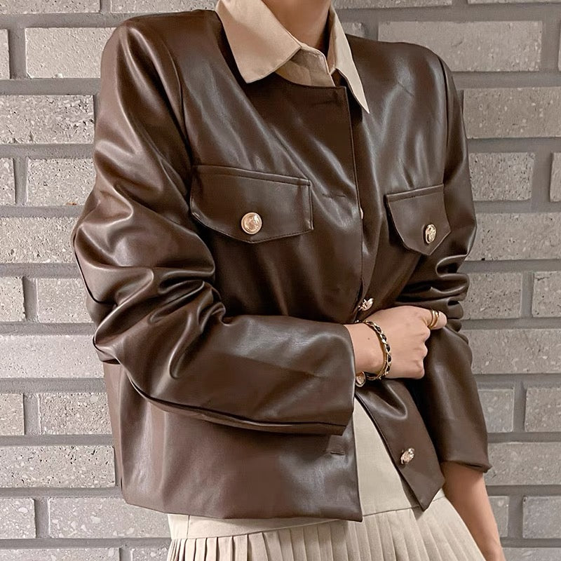 Round Neck Vegan Leather Jacket with Gold Buttons