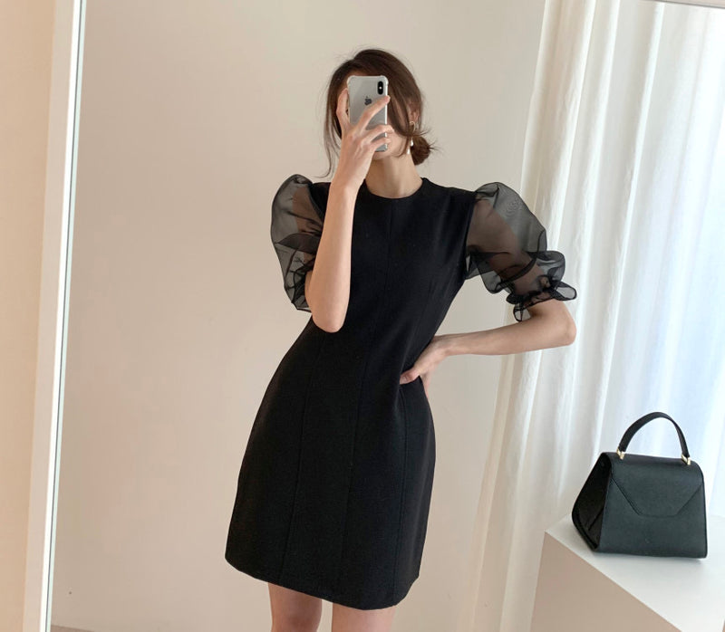 Fitted Little Black Mini Dress with Organza Sleeve