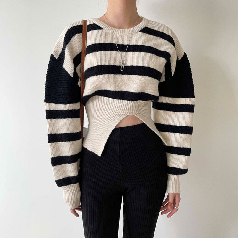 Round Neck Drop Shoulder Stripe Sweater with Gathered Waist and Slit