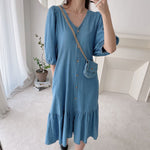 Relaxed V-Neck Button Down Denim Color Cotton Dress