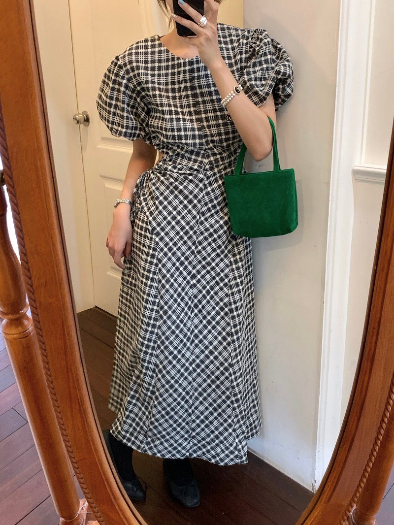 Gingham Midi Dress with Waist Cut Outs