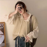 Chiffon Long Sleeve Ruffle Tie Neck Blouse with Knit Vest