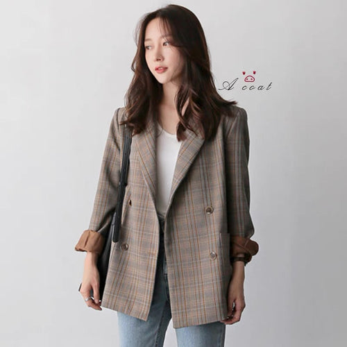 Korean Style Casual A-Line Blazer in Brown Plaids