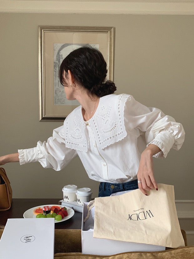 White Cotton Shirt with Oversized Eyelet Collar