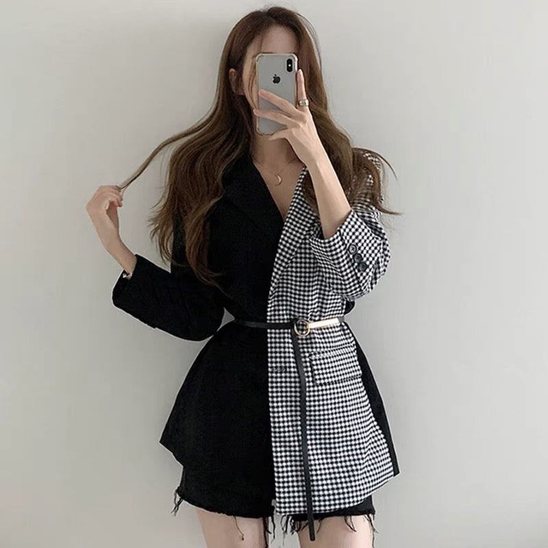 Designer Half Black Half Plaids Blazer