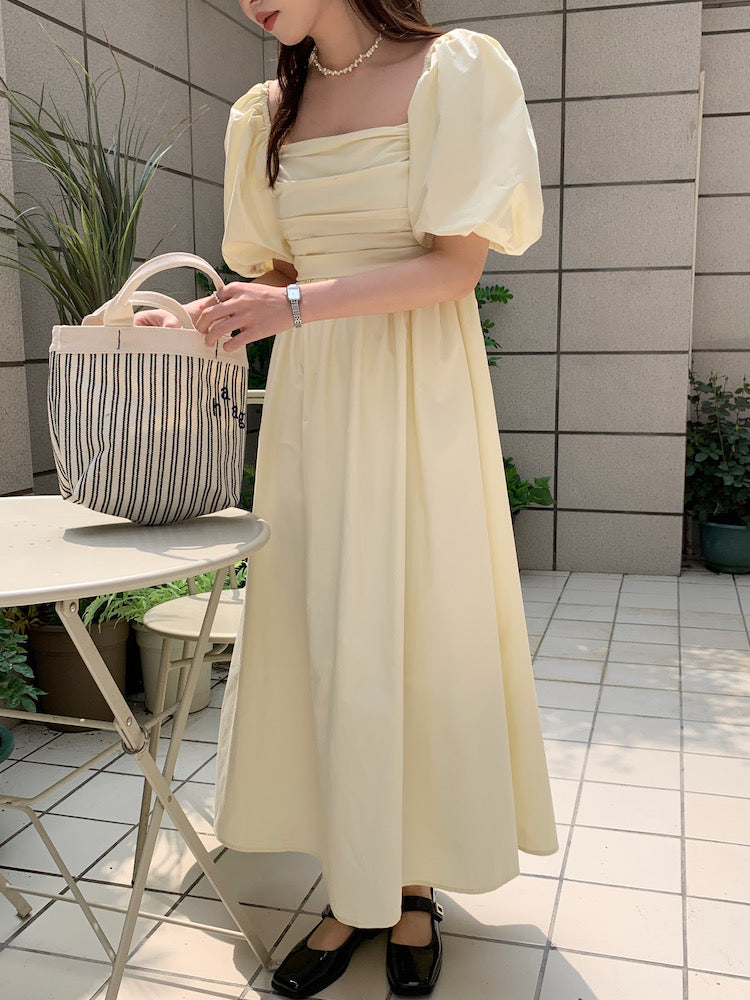 Romantic Puffed Short Sleeve Midi Dress with Ruched Front