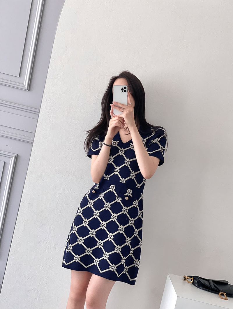 Diamond Pattern Knitted Polo Mini Dress