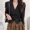 Long Sleeve Blouse with Notched Lapels and Drawstrings