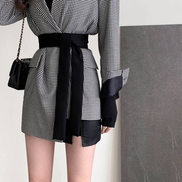 Designer Asymmetrical High-Low Blazer in Plaids with Belt