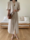 Designer Minimalist V-Neck Maxi Dress with Geometric Buttons