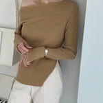 Designer Single-Shoulder Boat Neck Ribbed Knit Top with Side Slit