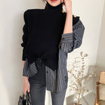 Designer Asymmetrical Turtleneck Knitted Cape Spliced with Shirt