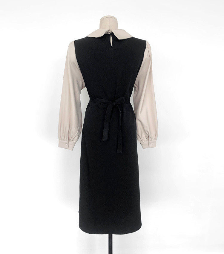 Korean Style Color Contrast Dress with Asymmetrical Collar