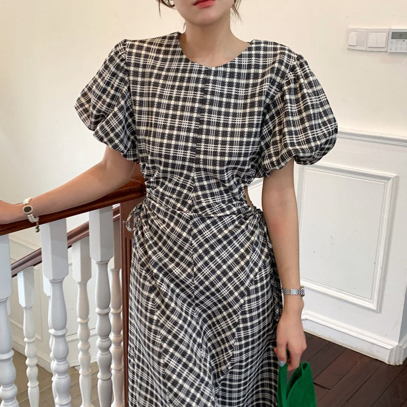 Gingham Midi Dress with Waist Cut Outs