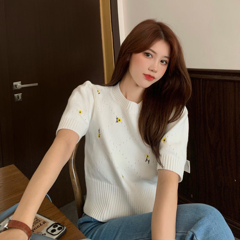 Yellow Embroidered Flower Knitted Short Sleeve Top