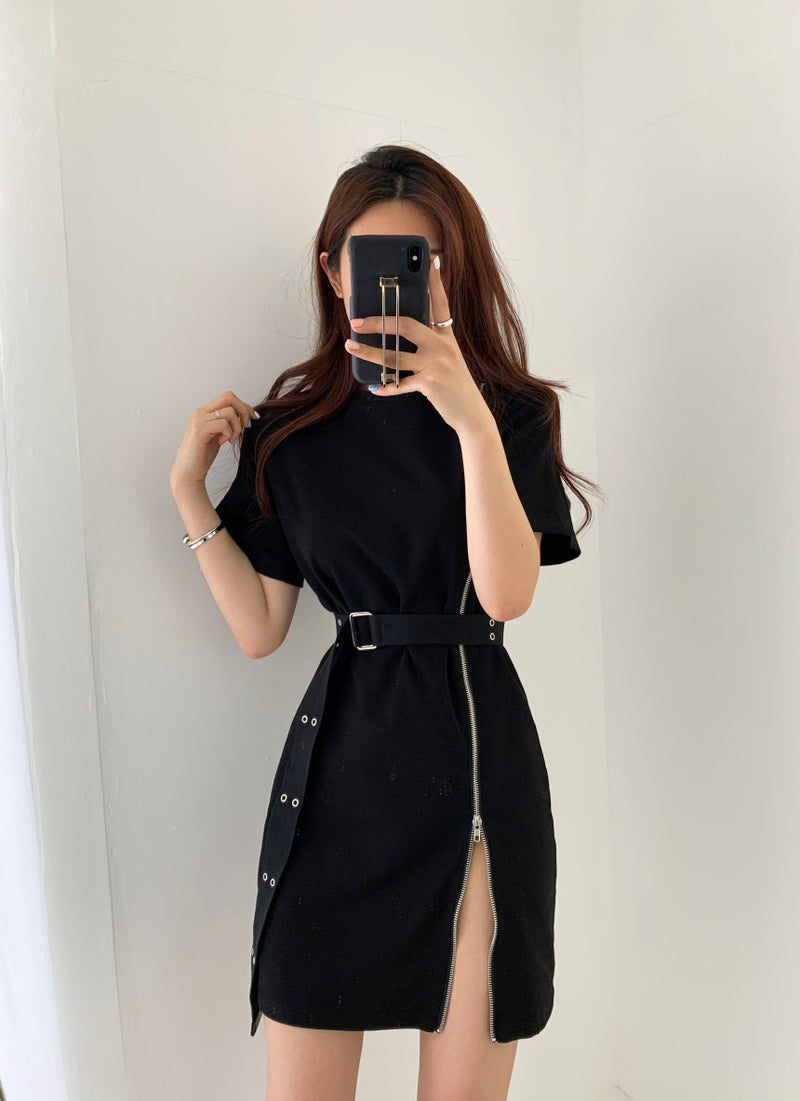 Zip-Up Belted Mini Dress