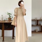 Korean Style Puff Sleeve Pleated Midi Dress