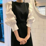 Round Neck Color Contrast Belted Knit Dress with Balloon Shirt Sleeves