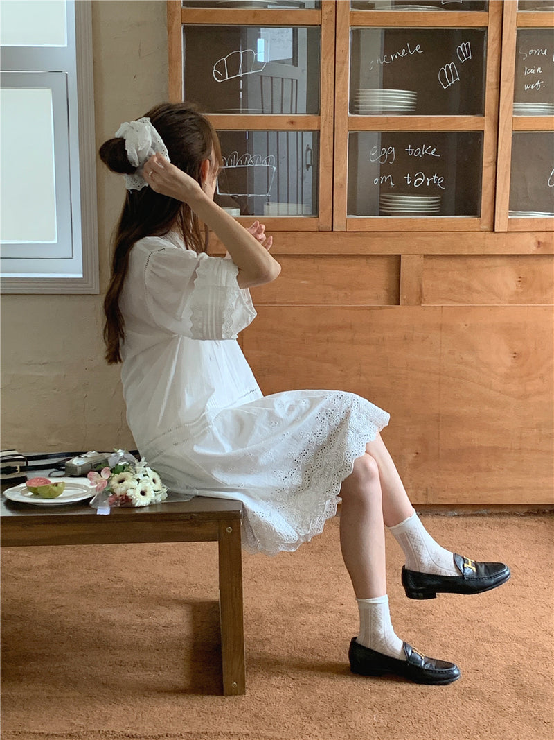 White Cotton Dress with Scalloped Lace Trims