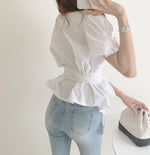 Puffed Short Sleeve Belted Shirt