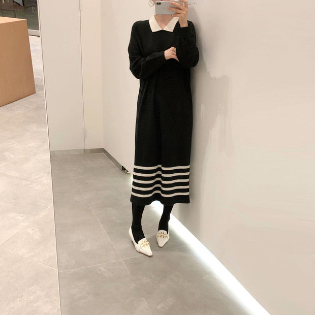 Korean Style White Collar Polo Knitted Dress with Stripes