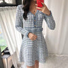 Blue Houndstooth Long Sleeve V-Neck Elegant Dress