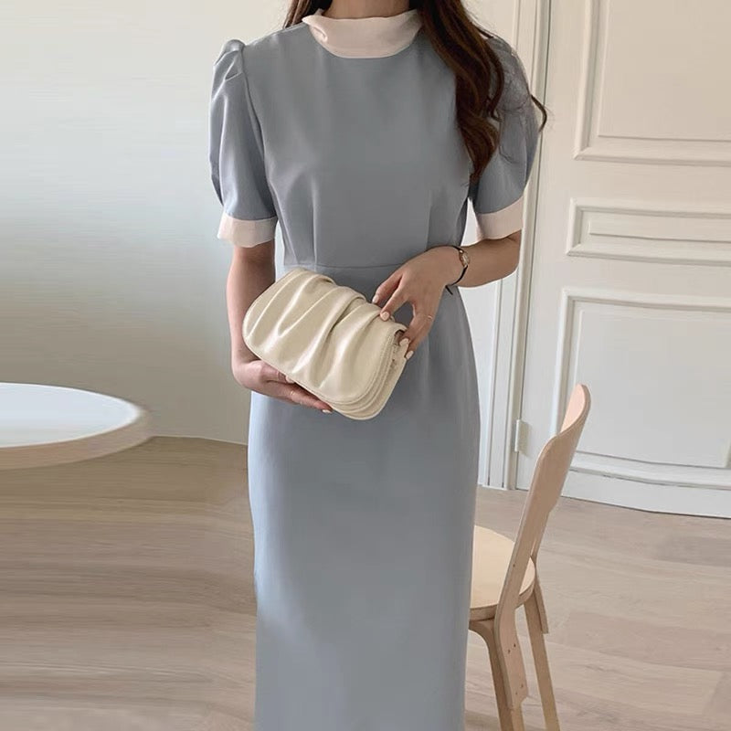 Mock Neck Back Tie Two Tone Shift Dress