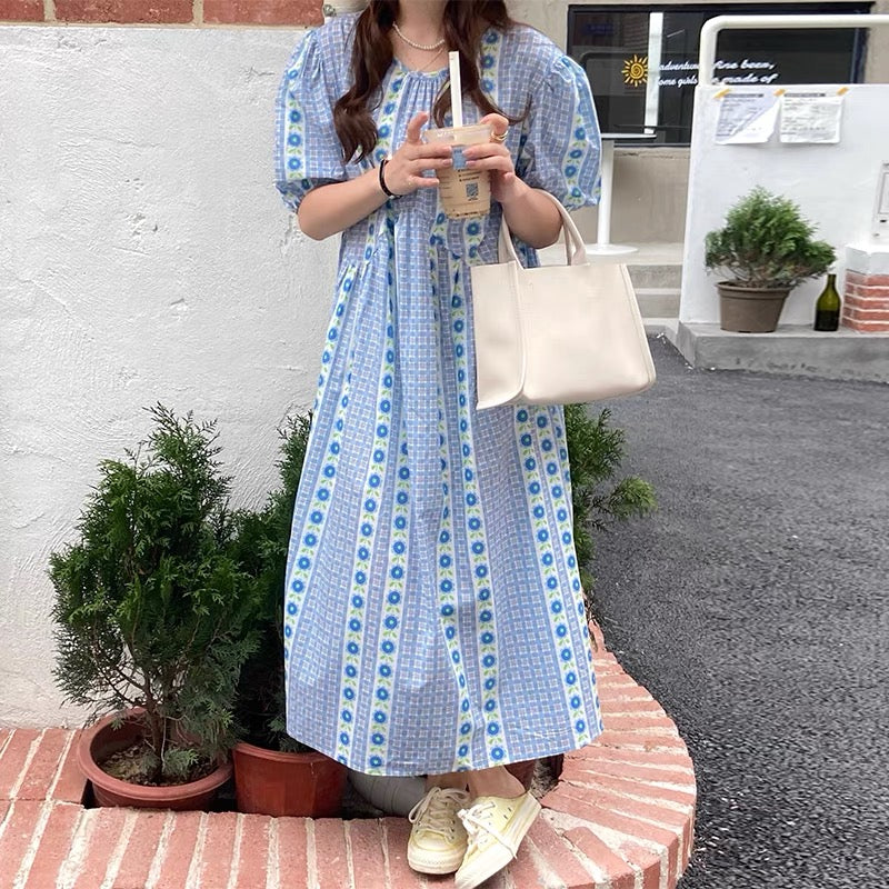 Sun Flower Stripe Round Neck Short Sleeve Checked Midi Dress