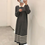 Korean Style White Collar Polo Knitted Dress with Stripes