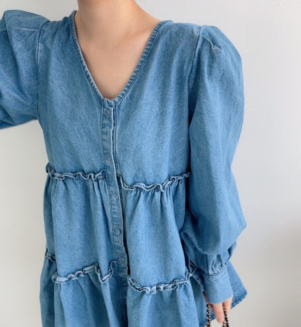 Denim Babydoll Tiered Dress