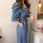 Square Neck Belted Denim Jumpsuit