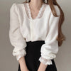 Long Sleeve Soft Knit Top with Lace Neckline