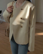 Round Neck Collarless Jacket with Side Buttons