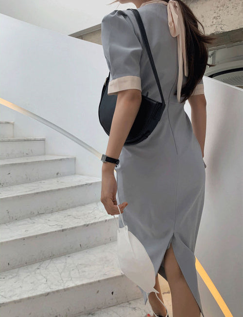 Mock Neck Back Tie Two Tone Shift Dress