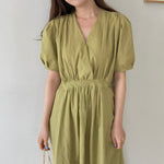 Matcha Green / Beige V-Neck Belted Dress with Pockets