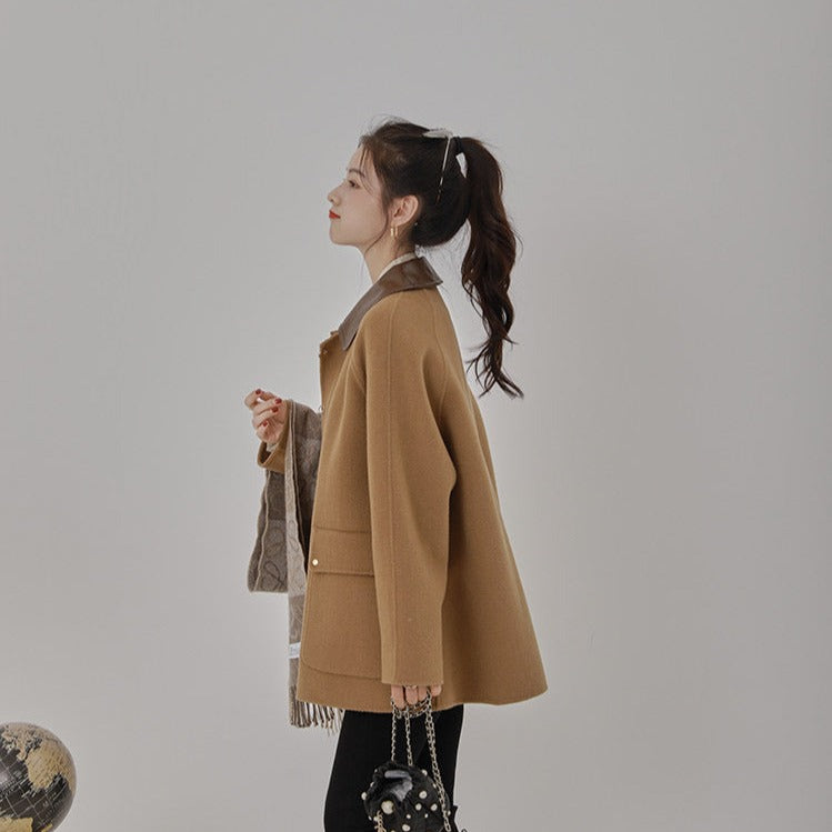 A-Line Double-Faced Wool Coat with PU Collar and Metal Buttons