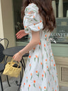 Tulip Print Short Sleeve Double V-Neck Midi Dress