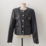 Round Neck Vegan Leather Jacket with Gold Buttons