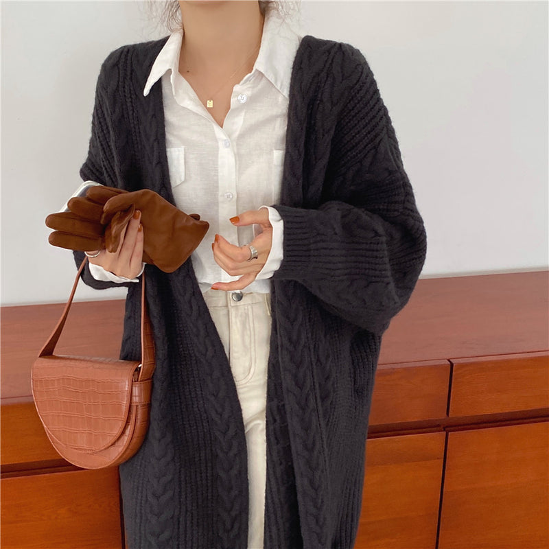 Cable Knit Open Front Relaxed Long Cardigan