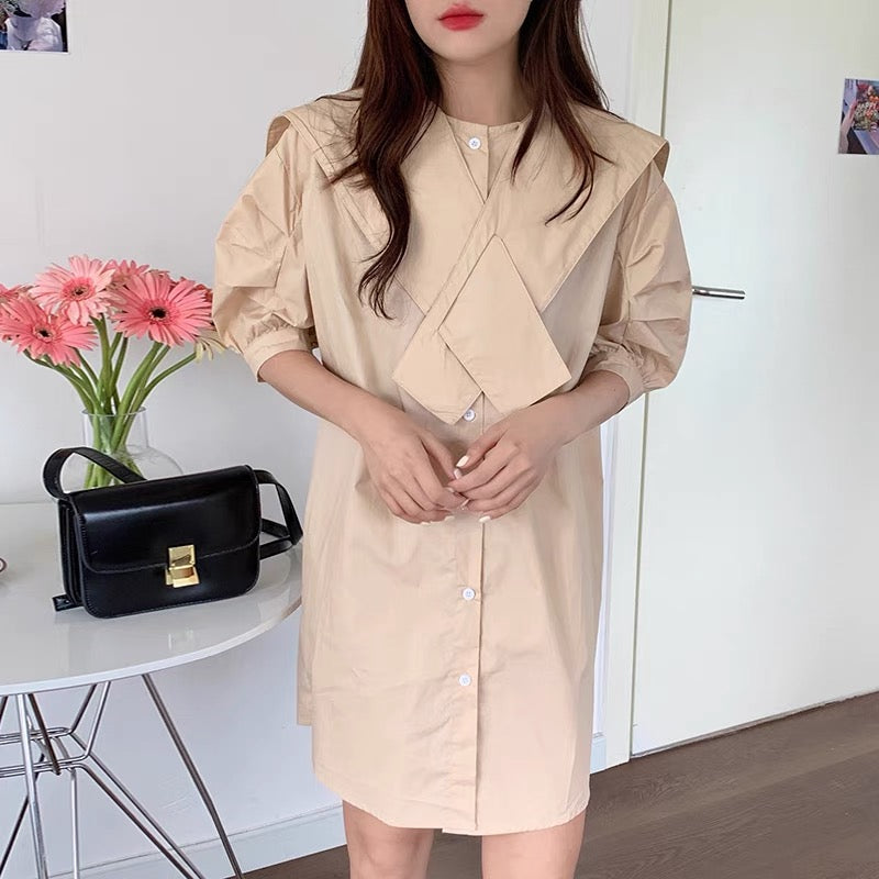 Designer Button-Up Shirt Dress with Oversized Cross-Over Collar