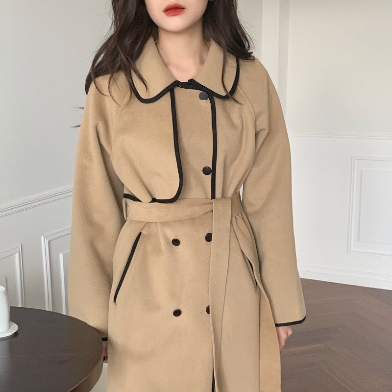 French Style Contrast Trim Double Face Wool Blend Belted Coat