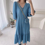 Relaxed V-Neck Button Down Denim Color Cotton Dress