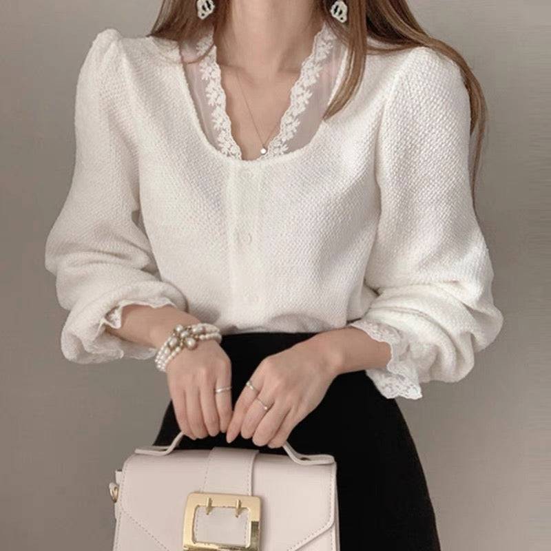 Long Sleeve Soft Knit Top with Lace Neckline