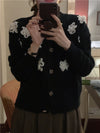 Retro Style Black Cardigan with 3D White Flowers