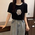 Camellia Flower Color Contrast Soft Knit Short Sleeve Top